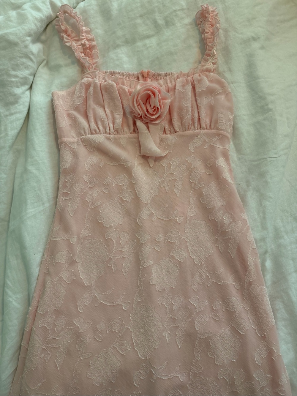Soft Pink Floral Lace Wedding Dress with Rosette Detail